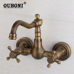 Bathroom Sink Faucets OUBONI Antique Brass Basin Faucet Wash Mixer Tap Swivel Spout 2 Handles Wall Mounted Bathtub