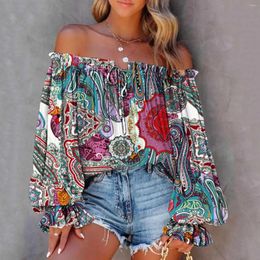 Women's Blouses Elegant Off Shoulder Blouse Women Casual Retro Flower Printing Long Sleeve Tee Shirt Top Camisas De Mujer