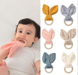 Solid Colour Bunny Ear Soothers Teether Fabric Wooden Teething Ring With Crinkle Material Shower Gift