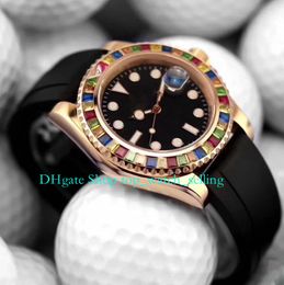 Rose Gold Watches for With Box Men 40mm Rainbow Diamond Bezel Black Dial Rubber Bracelet Asia 2813 Movement Mechanical Mens Automatic Watch Wristwatches