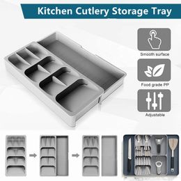 Storage Drawers Kitchen Cutlery Box Plastic Tray Utensils Drawer Organiser Knife Holder Tableware Fork Spoon Divider Container 230211