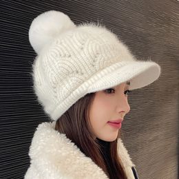 Ball Caps COKK Winter Hats For Women Knitted Velvet Rabbit Fur Baseball Cap Ear Protection With Pompom Keep Warm Beanie Bone Casquette 230211