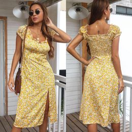 Party Dresses Sexy Square Collar Split Fork Summer For Women Dress Fashion Yellow Floral Print Female Casual Asymmetrical Elegant Sundress