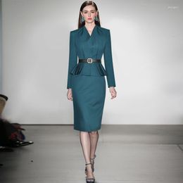 Work Dresses Women Office Wear Two Pieces Set Pleated Peplum Ruffles Blazer Top Knee Length Pencil Skirt S - XXL
