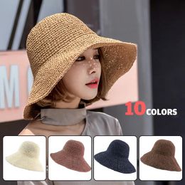 Wide Brim Hats Handmade Crochet Sunshade Straw Hat Panama Women Summer Seaside Holiday Beach Lady Flat Foldable Cap