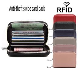 Top layer cow-leather organ bag RFID anti-theft female card clip man card bag multi-function zipper pocket293f