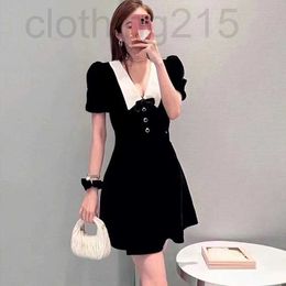 Casual Dresses Designer Black velvet V-neck dress 2023 early spring new bow bubble sleeve high waist A-line skirt EMCP