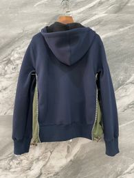 Mens Hoodies European and American Zipper Pocket Splicing Windbreakers Hooded Sweater Coat Grey Dark Blue