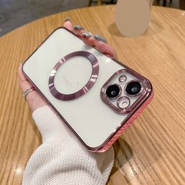 Magnetic Phone Cases For Iphone 15 Plus 14 Pro MAX 13 12 11 Bling Camera Lens Protector Soft Chromed Plating TPU Clear Shockproof Hit Colour Fine Hole Magnet Phone Skin