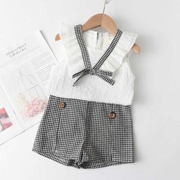 Clothing Summer Baby Girls Clothes Sets Kids Solid Colour Suit Sleeveless Chiffon Bow Top Plaid Pattern Shorts PCS Casual Outfits