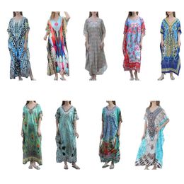 Women's Swimwear Womens Summer Half Sleeves Swimsuit Cover Up Turkish Long Kaftan Robe Bohemian Colorful Feather Print Beach Maxi DressWomen