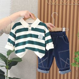 Clothing Sets Spring baby smiling face long sleeve suit years old children's striped sweater jeans three piece simple sportswear