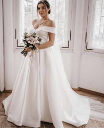 Wedding Dress A-Line Off The Shoulder Backless Satin Pearls Sashes Floor Length Sweep Train Simple Bride Gown Custom Made