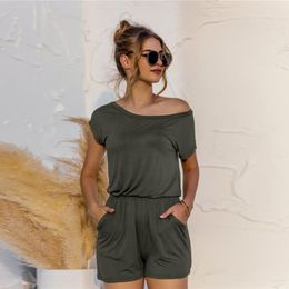 Women's Jumpsuits & Rompers Women Short Sleeve O-neck Sexy Off Shoulder Playsuit Elegant Summer 2023 Solid Colour Casual Slim Pocket Jumpsuit