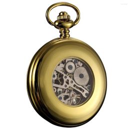 Pocket Watches Retro Black Skeleton Roman Number Dial Golden Case Round Face Analog Male Hand Wind Clock Men Mechanical Watch /KSP034