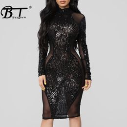 Casual Dresses Beateen 2023 Black Long Sleeve Mesh Sequined Bodycon Dress Cut Out Backless Sexy Club Night
