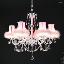 Chandeliers French Children's Room Chandelier Lighting Restaurant LED Hanging Lamp Pendant Warm Pink Girl Bedroom Crystal