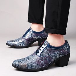 Yeni moda mavi yılan ayakkabıları elbise adam sivri deri erkekler yüksek topuk ayakkabı konforu dantel up rahat ayakkabılar erkekler