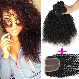 Remy Brazilian Curly Virgin Human Hair Weaves With Top Closure 3pc Hair Weft Lace Closure 4x4 Lace Closure With 3Bundle Deep curly wave