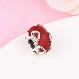 925 Sterling Silver Frosted Red Murano & Hearts Bead Fits European Jewelry Pandora Style Charm Bracelets