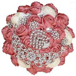 Decorative Flowers European Style Handmade Luxury Wedding Bridal Bridesmaid Bouquet Home Hand Holding Flower Satin Rose Crystal Brooch