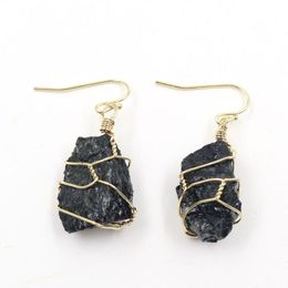 Dangle Earrings & Chandelier Light Yellow Gold Colour Wire Wrap Irregular Shape Black Tourmaline Rose Pink Quartz JewelryDangle