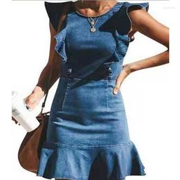 Casual Dresses Ruffles Denim Dress High Waist Vintage Women Summer Jeans Bodycon Sexy Ladies Mini Party