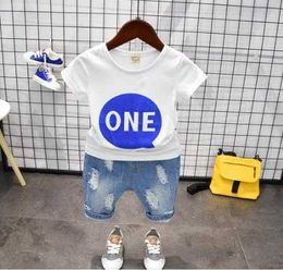 Fashion Children's Twopiece Boy Cotton Simple Print Sleeve Denim Shorts Kids Clothing Set Years