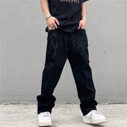 Men's Jeans 2023 Streetwear Baggy Men Korean Fashion Loose Straight Wide Leg Pants Male Letter Print Long Trousers Hip Hop Jean Black