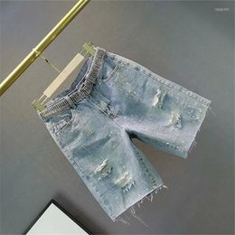 Women's Shorts Thin Denim 5-point Breeches 2023 Summer Clothes Loose High Waist Heavy Industry Drilling Hole Fashion Short Pants Ladies