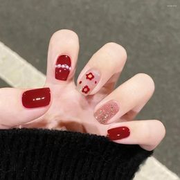 False Nails 24pcs Short Glitter Wine Red Nail Tips Camellia Pearl Wearing Manicure Finished Fake Patch Press On Artificial