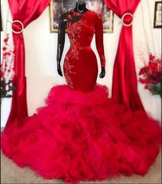 Arabic Aso Ebi Mermaid Red Prom Dresses Lace Beaded long sleeve Velvet ruffles skirt Evening Second Reception Gowns