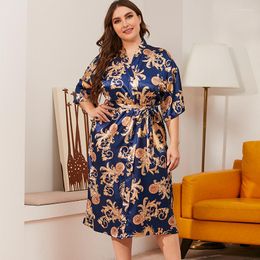 Women's Sleepwear DOIB Women Bathrobe Pajamas Print Kimono Satin Robe Plus Size Dress Gown Homewear Bridesmaid Summer