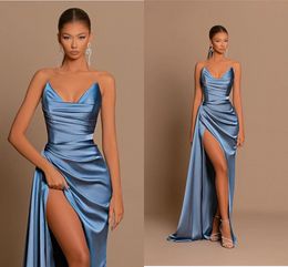 Blue Sexy Light Mermaid Prom Dresses for Women on Black Girls Sweetheart Draped High Side Split Pleats Formal Bithday Party Evening Gowns Custom Made