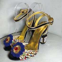 Printing Red Grass Rhinestone Sandals Flower With A Buckle Ring Strap Fashion High Heel Women's Shoes