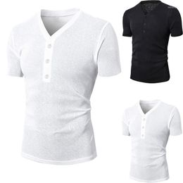 Men's T Shirts Fashion Men Short-sleeved T-shirt Button V-Neck Casual Men's Solid Color Basic Styles Slim Tops Tee Clothing