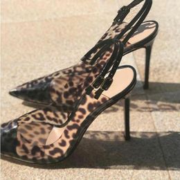 Dress Shoes Sexy Leopard PVC Slingback Pumps Double Buckle Strap Pointed Toe Stiletto High Heels Plus Size 45 Transparent Banquet Shoe