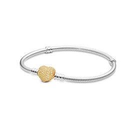 Yellow Gold Sparkling Heart Charm Bracelets for Pandora Real Sterling Silver Wedding Jewellery Snake Chain Bracelet Set Girlfriend Gift Hand Chain with Original Box