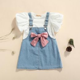 Clothing Sets 2023 Summer Kids Baby Girl Puff Short Sleeve Cotton T-shirt Tops Suspender Dress Bow 3pcs Children Girls Clothes Set