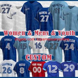 Custom Baseball Jerseys 27 Vladimir Guerrero Jr. Jersey Blue Bo Bichette George Springer Yusei Kikuchi Cavan Biggio Randal Grich