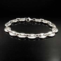 8.66'' 10mm wide Shiny coffee beans Link Chain Bracelet stainless steel Silver for Men