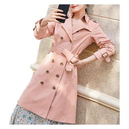 Neue klassische Damen-Trenchcoats, modisch, England, mittellang, Trenchcoat-Design, zweireihiger Trenchcoat, Khaki, Rosa, Baumwolle, Marke Top, langer Mantel, Größe S-XXL