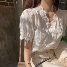 Women's Blouses Women Elegant Hollow Out Office Lady Lace Loose Female V-neck Tops Korean Style Summer Casual Short Puff Sleeve Daily