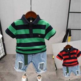 Sets Clothing Fashion Baby Boy Summer Striped Tshirt Denim hole Shorts Casual suit Suitable for Years old