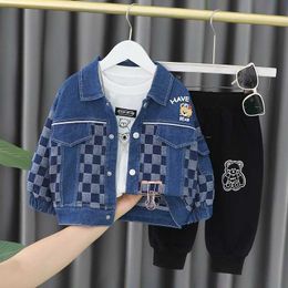 Clothing Sets Spring and autumn new baby letter long sleeve suit year old boy cowboy coat pants twopiece simple casual sportswear