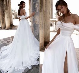 Beach Casual Wedding Dress A-Line Sleeveless Off Shoulder Beading Slit Organza Bridal Gown Vestidos De Novia Custom Made Robe De Mariage