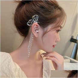 Clip-On Screw Back Backs Earrings 1 Pc Luxury No Piercing Crystal Tassel Chain Ear Cuff Wrap Clip For Women Trendy Butterfly Jewelry Dhiqt