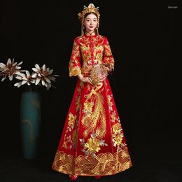 Ethnic Clothing RED Fashion Chinese Bride Wedding Gown Dress Golden Cheongsam Suzhou Embroidery Female Spring Autumn Qipao Plus Size S-5XL
