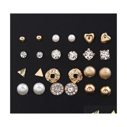 Stud Earrings 12 Pair/Set Square Piercing Simated Pearl Flower Drop Delivery Jewellery Dhzgf