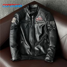 Men's Leather Faux Top Layer Cowhide Coat Multi Embroidery Slim Fit Autumn and Winter Jacket 230213